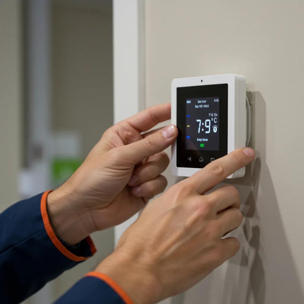 A close-up shot of a professional technician carefully installing a smart thermostat, highlighting modern technology and expert service