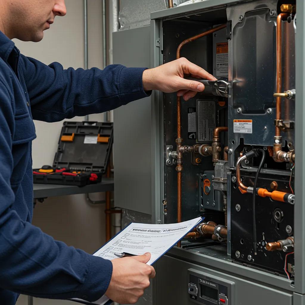 An HVAC technician diligently performing furnace maintenance, holding a checklist and tools, underscoring the importance of regular servicing
