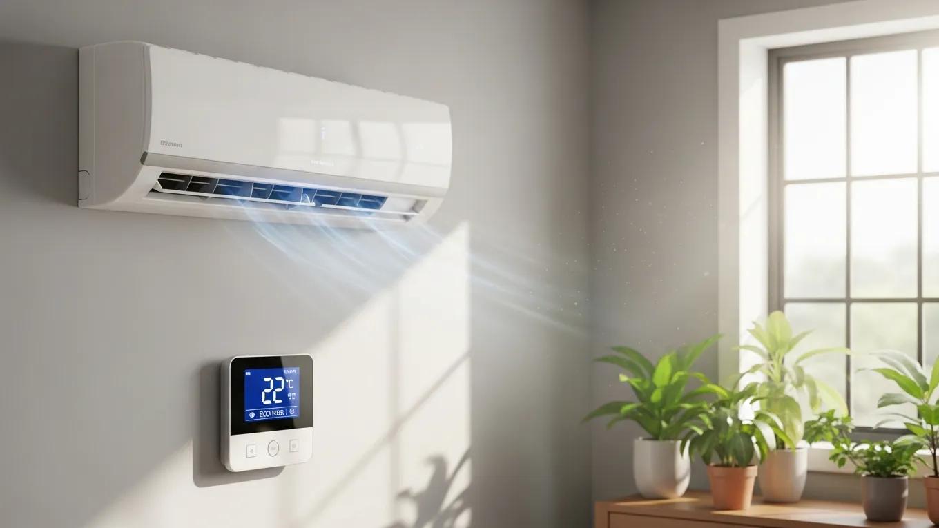 Spring AC Maintenance Tips for a Cool Summer Modern energy-efficient air conditioning unit in a stylish home with a digital thermostat