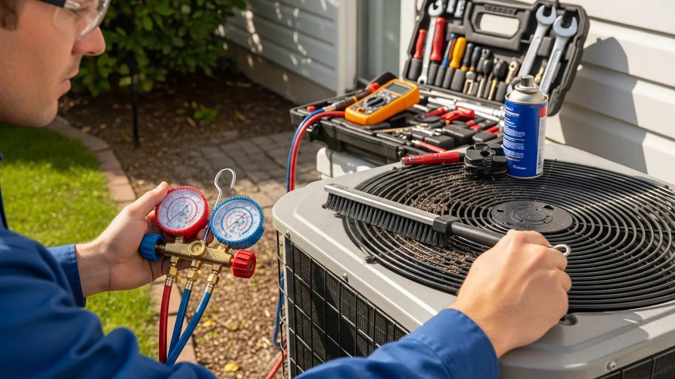 Spring AC Maintenance Tips for a Cool Summer Technician cleaning coils and checking refrigerant levels on an air conditioning unit