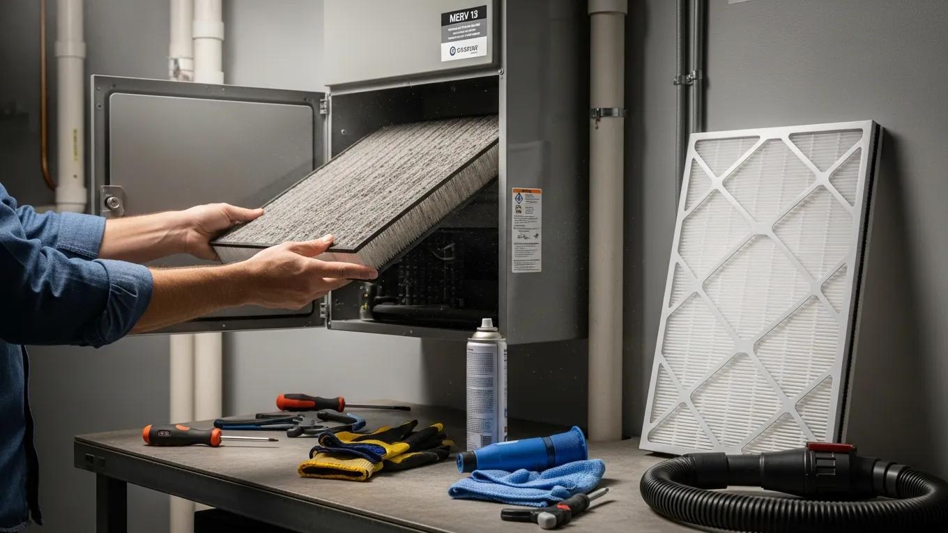 Improve Indoor Air Quality with a Whole Home Air Purifier Homeowner replacing filter in a whole-home air purifier, highlighting maintenance practices