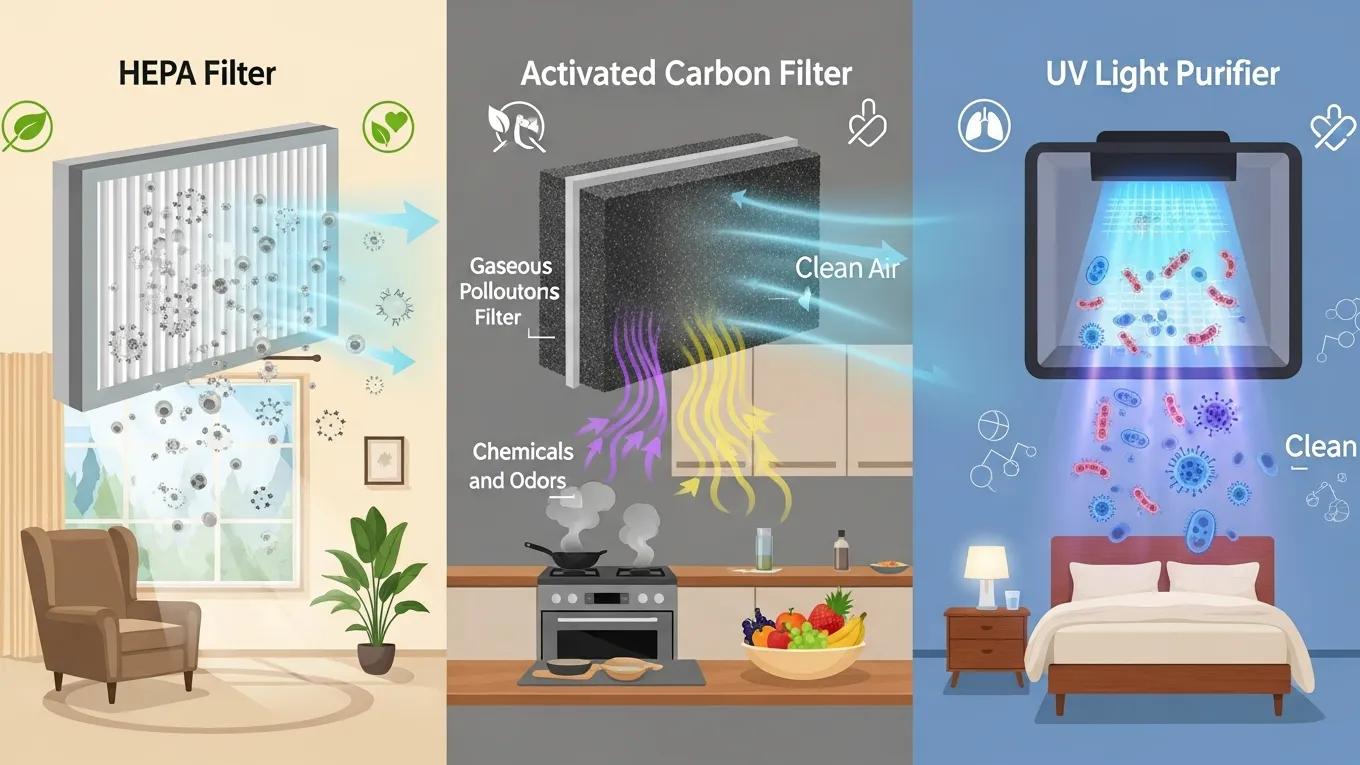 Improve Indoor Air Quality with a Whole Home Air Purifier Visual representation of HEPA, activated carbon, and UV light air purification technologies
