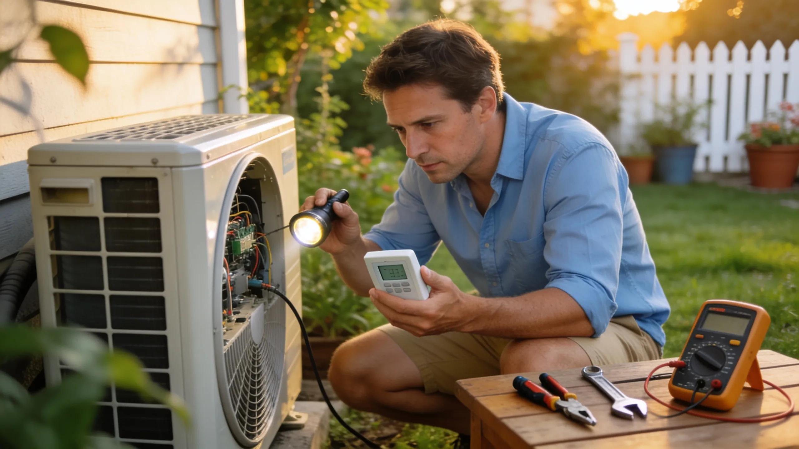 Summer AC Emergency: Steps to Take When Your AC Fails Homeowner inspecting air conditioning unit for troubleshooting