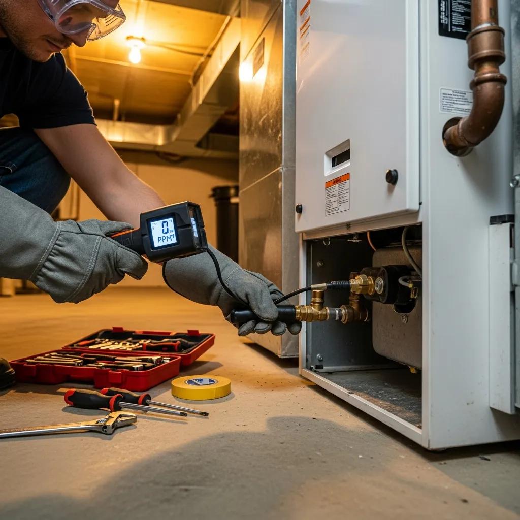 No Heat Emergency: What to Do When Your Furnace Fails Technician inspecting a furnace for safety issues like gas leaks