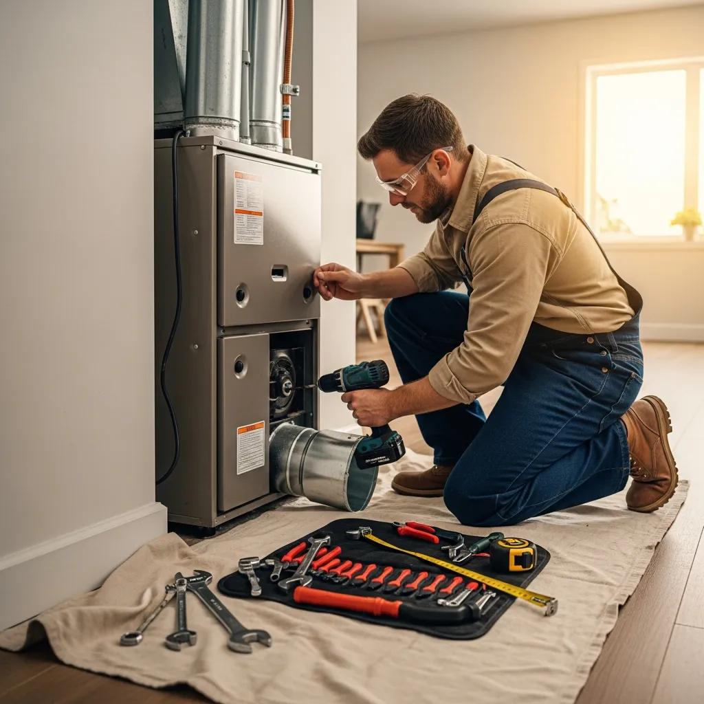 The Right Way to Ensure Professional Furnace Installation Professional technician installing a furnace in a modern home, emphasizing energy efficiency and expert installation