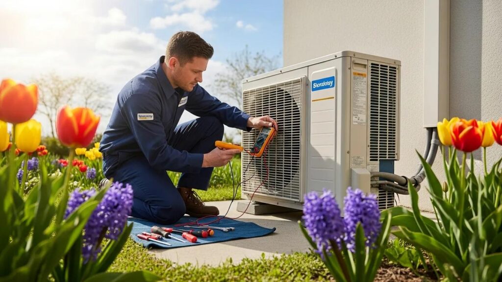 Spring AC Maintenance Tips for a Cool Summer technician performing spring maintenance on an air conditioning unit surrounded by blooming flowers ef cf dd bec d