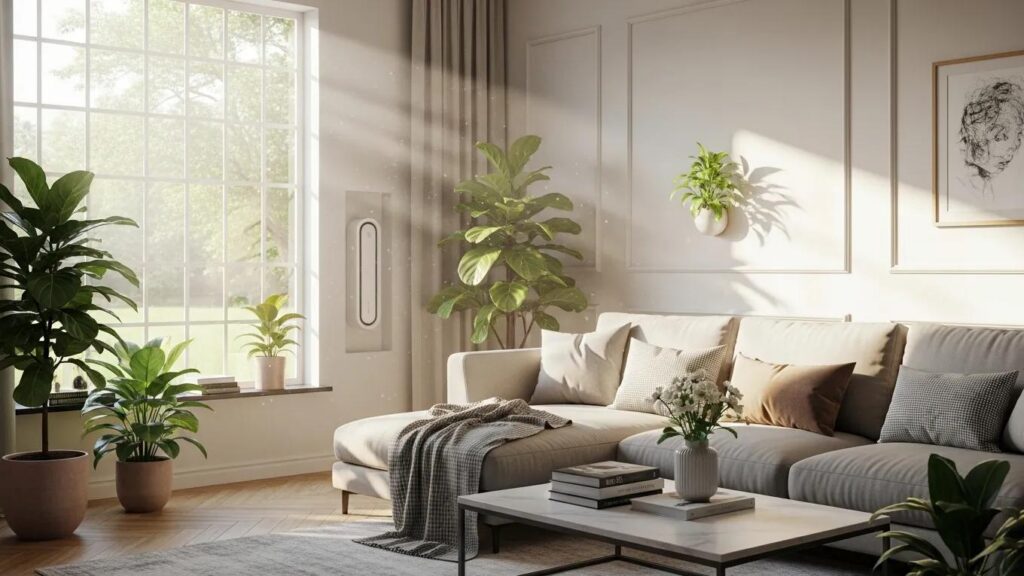 Improve Indoor Air Quality with a Whole Home Air Purifier whole home air purifier in a bright living room enhancing indoor air quality dff b c be cbade